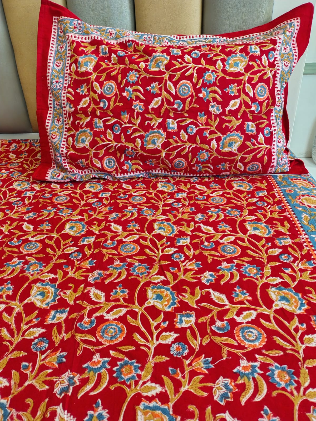 Begum Red Floral Block Print Bedsheet & Quilt Set