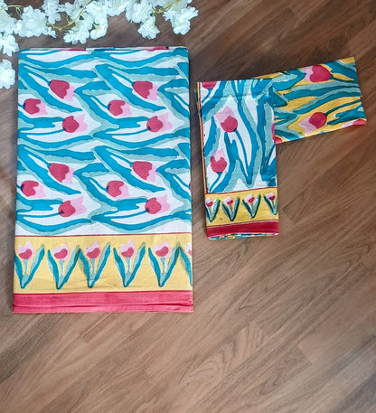 Red Tulip Block Printed Bedsheet with Two Reversible Pillow Covers