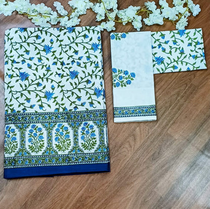 Blue Floral Jaal Block Printed Bedsheet with Two Reversible Pillow Covers