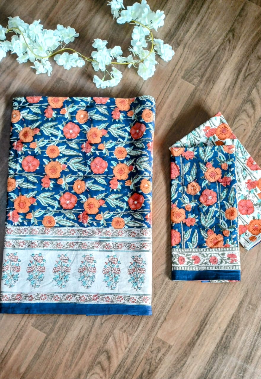 Orange Marie Gold Block Printed Bedsheet with Two Reversible Pillow Covers