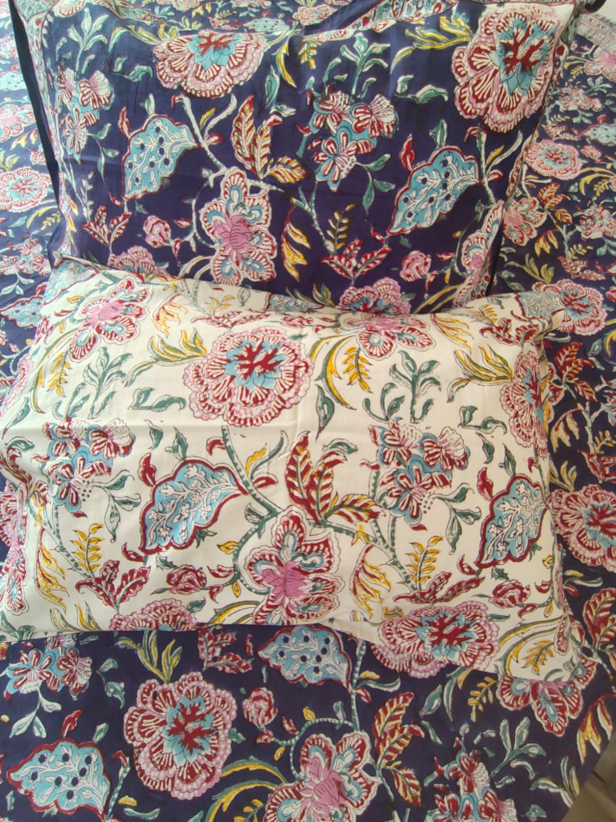 Purple Floral Block Printed Bedsheet with Two Reversible Pillow Covers