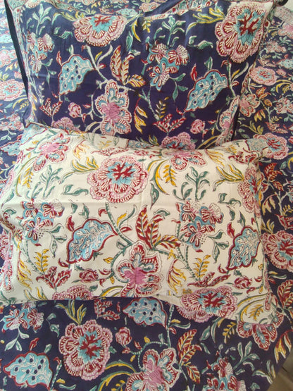 Purple Floral Block Printed Bedsheet with Two Reversible Pillow Covers