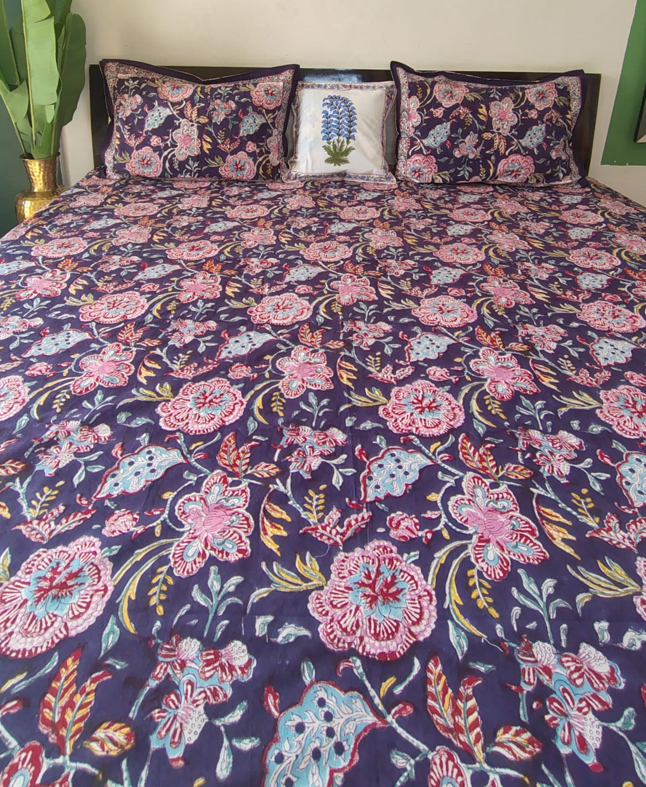 Purple Floral Block Printed Bedsheet with Two Reversible Pillow Covers