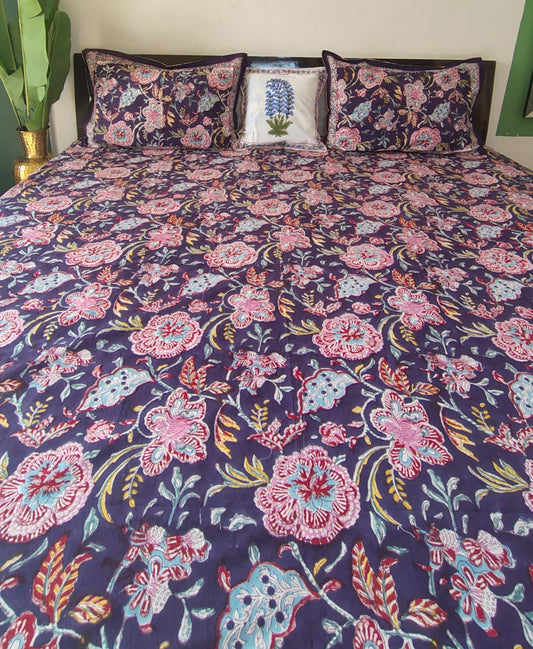 Purple Floral Block Printed Bedsheet with Two Reversible Pillow Covers