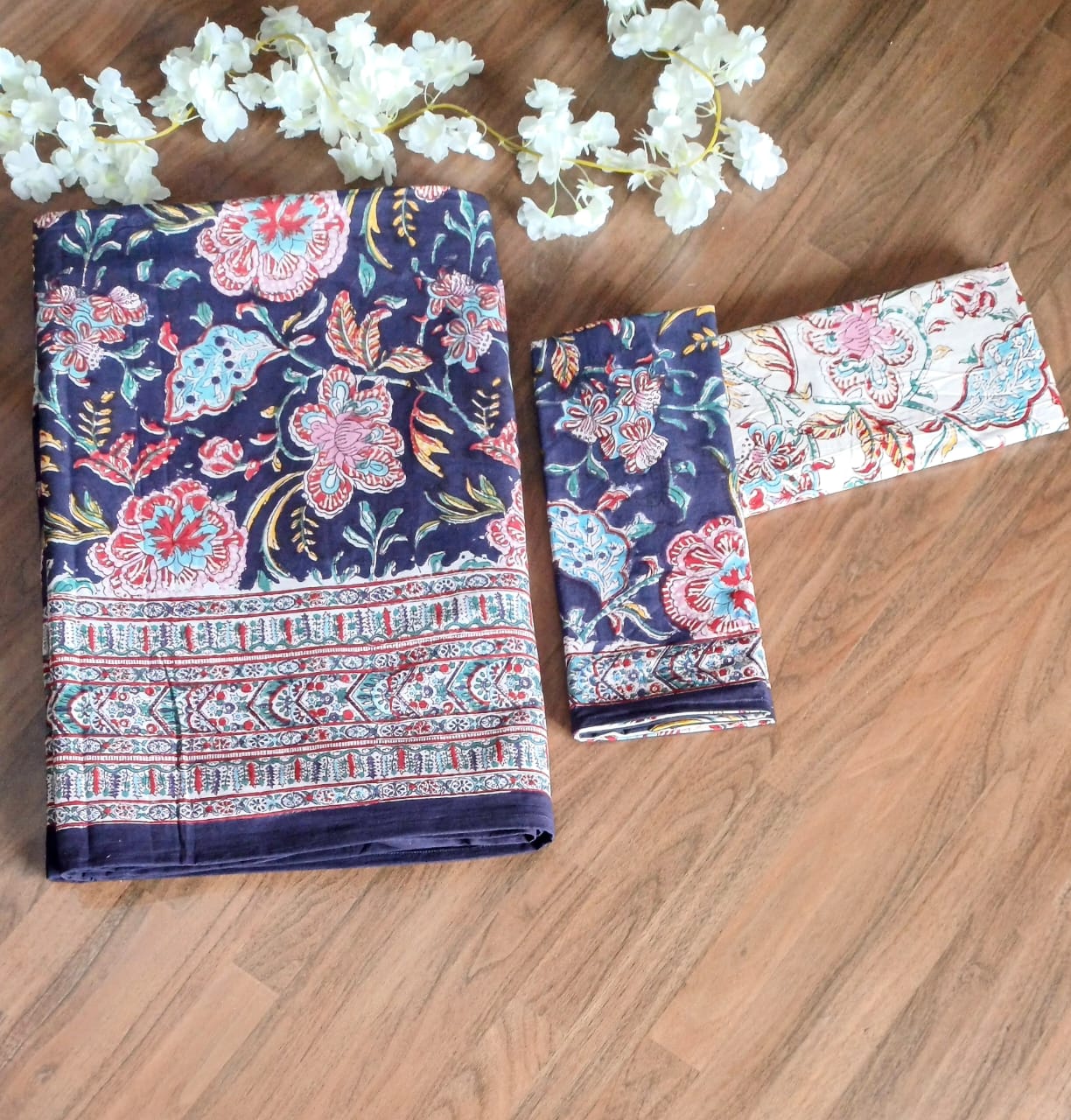 Purple Floral Block Printed Bedsheet with Two Reversible Pillow Covers