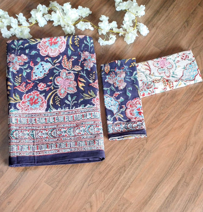 Purple Floral Block Printed Bedsheet with Two Reversible Pillow Covers