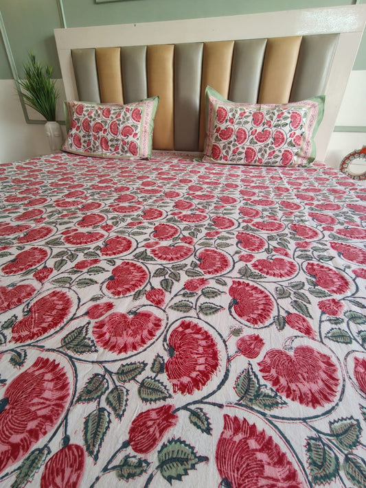 Lal Kamal Block Printed Bedsheet with Two Reversible Pillow Covers