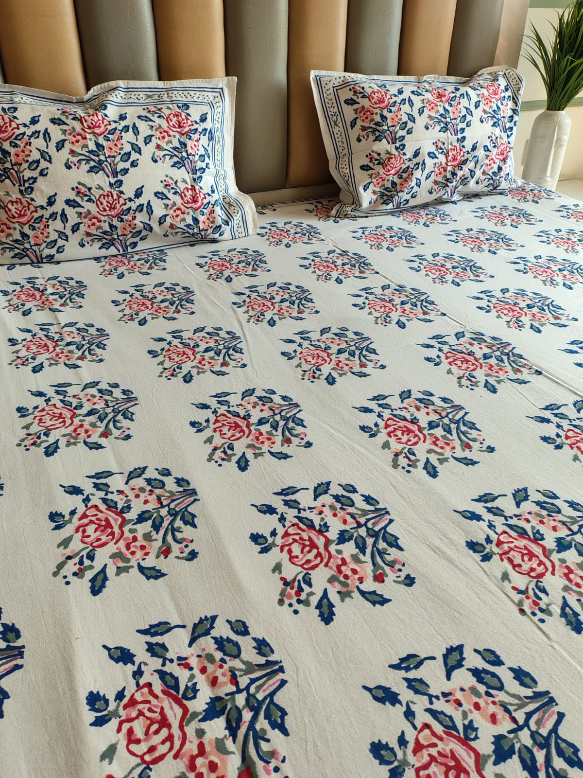 Red Roses Block Printed Bedsheet with Two Reversible Pillow Covers