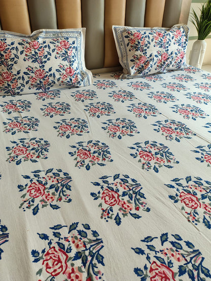 Red Roses Block Printed Bedsheet with Two Reversible Pillow Covers