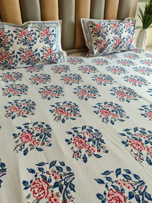 Red Roses Block Printed Bedsheet with Two Reversible Pillow Covers