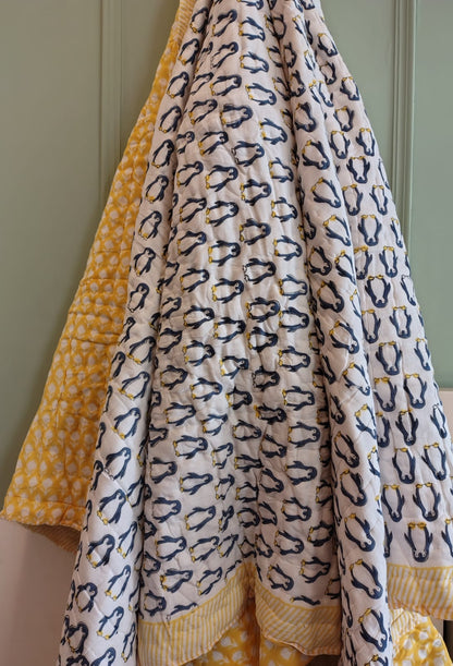 Penguin Print Kids Hand Block Reversible Quilt