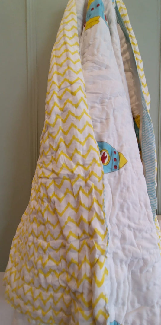 Rocket Print Kids Hand Block Reversible Quilt