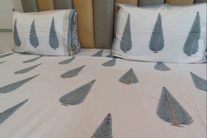 Begum Grey Pine Block Printed Bedsheet with Two Reversible Pillow Covers