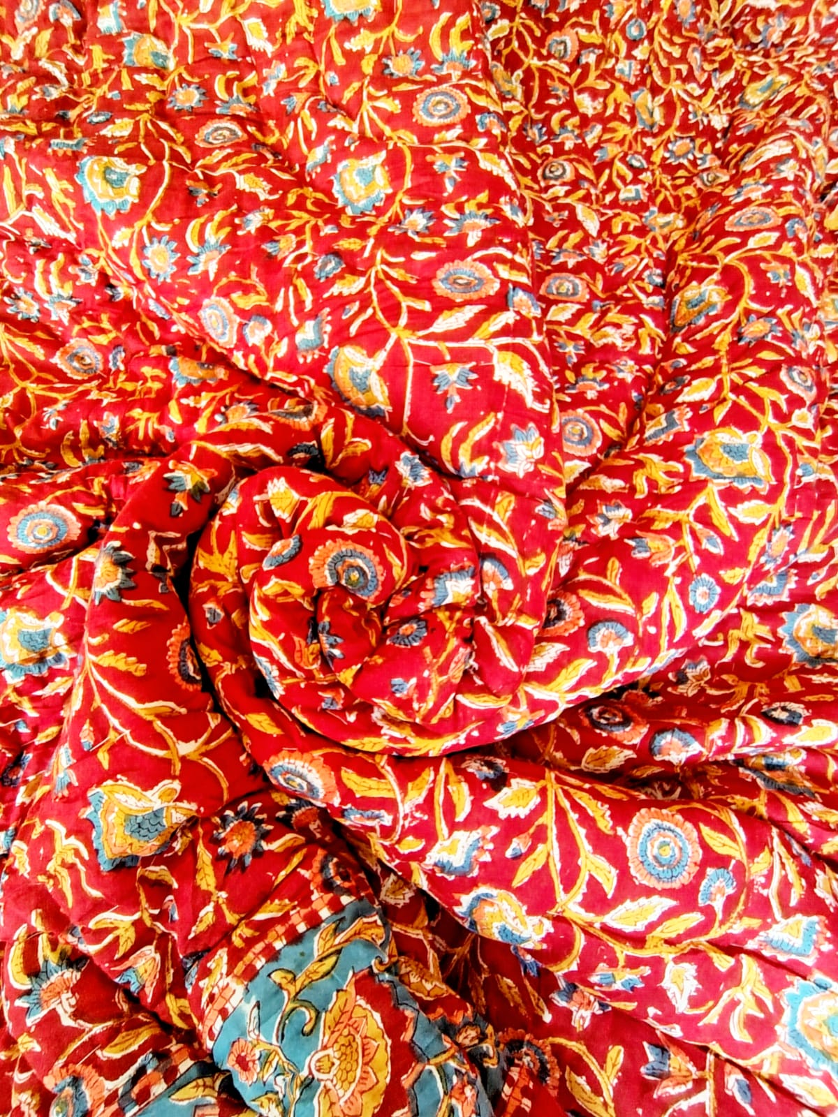Begum Red Floral Hand Block Reversible Double Bed Quilt
