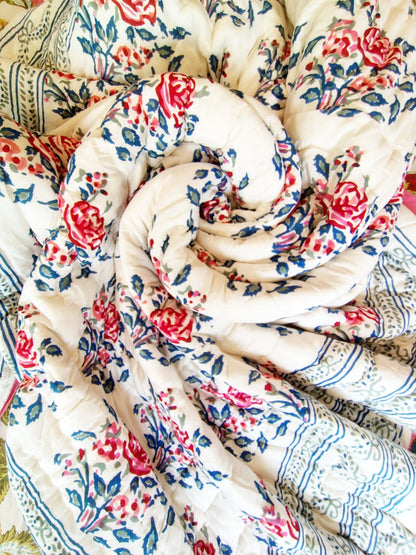 Red Roses Hand Block Reversible Double Bed Quilt