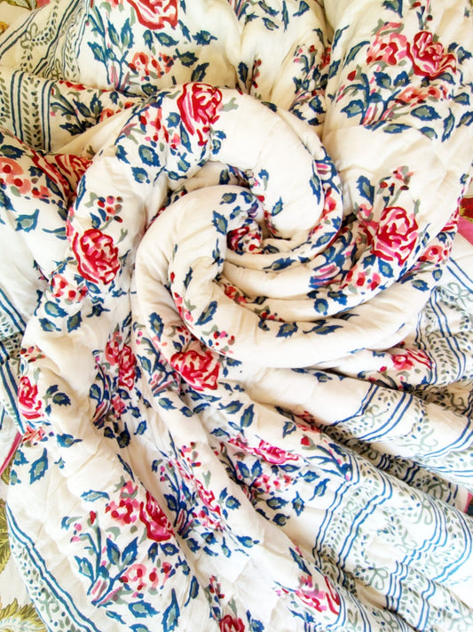 Red Roses Hand Block Reversible Double Bed Quilt