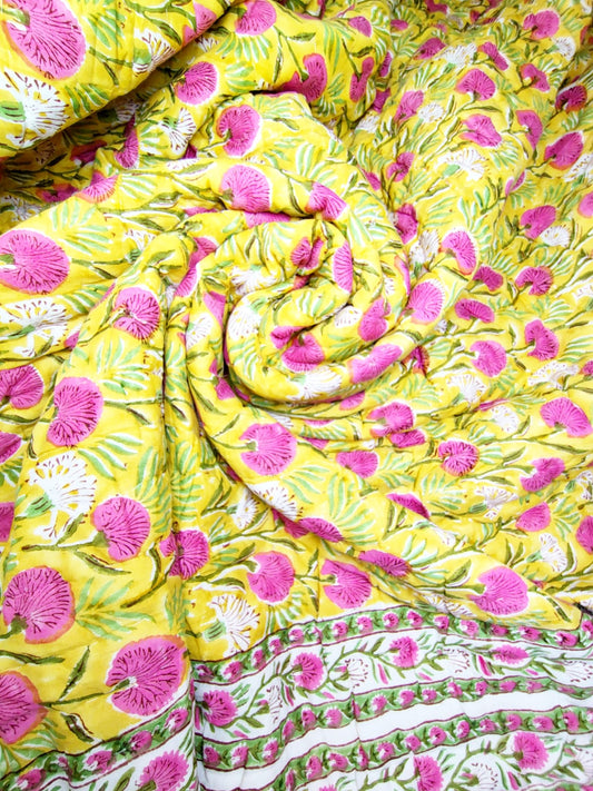 Pink Blossom Hand Block Reversible Double Bed Quilt