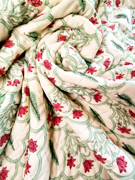 Pine Tree Hand Block Reversible Double Bed Quilt