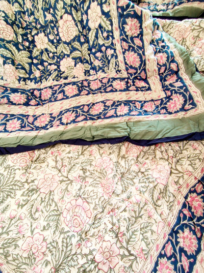 Pinky Pom Hand Block Reversible Double Bed Quilt