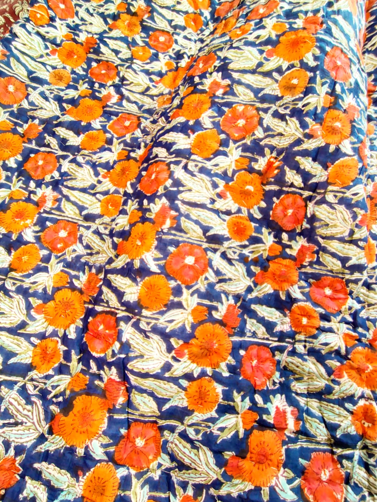 Orange Marie Hand Block Reversible Double Bed Quilt