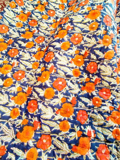 Orange Marie Hand Block Reversible Double Bed Quilt