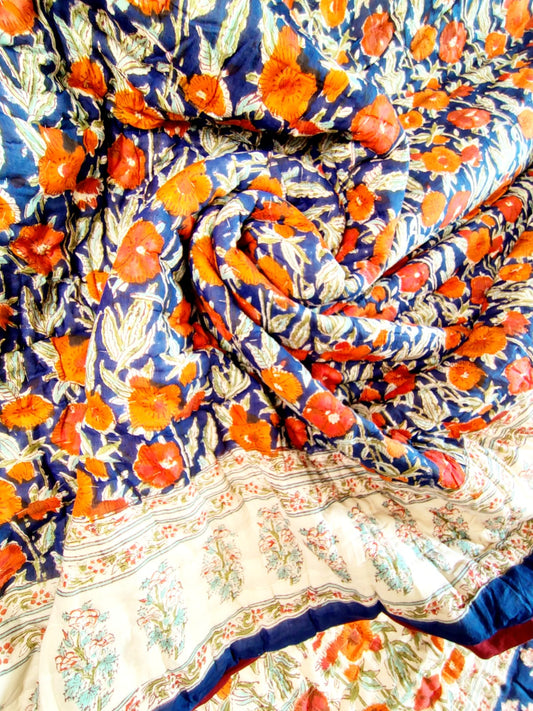 Orange Marie Hand Block Reversible Double Bed Quilt