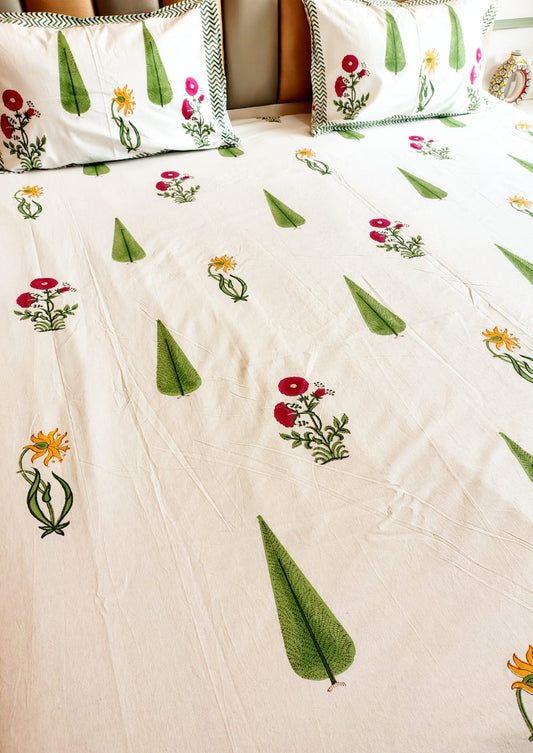Begum White Forest Block Bedsheet with Two Reversible Pillow Covers