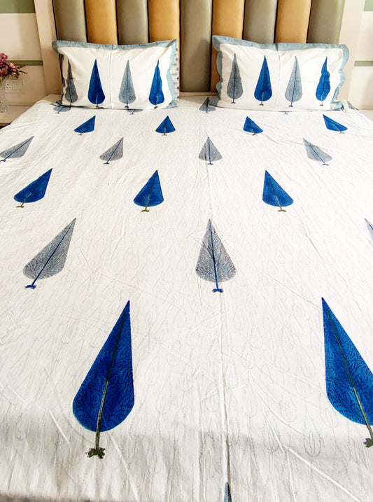 Begum Blue Pine Block Printed Bedsheet with Two Reversible Pillow Covers
