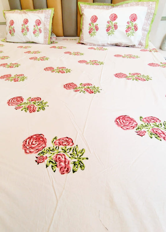 Begum Rose Bunch Block Printed Bedsheet with Two Reversible Pillow Covers