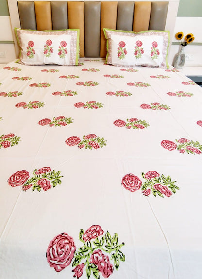 Begum Rose Bunch Block Printed Bedsheet with Two Reversible Pillow Covers