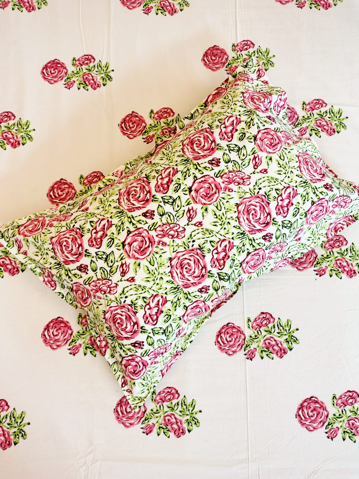 Begum Rose Bunch Block Printed Bedsheet with Two Reversible Pillow Covers