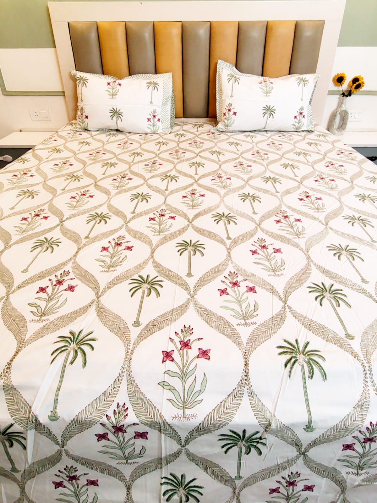 Begum White Coco Block Printed Bedsheet with Two Reversible Pillow Covers