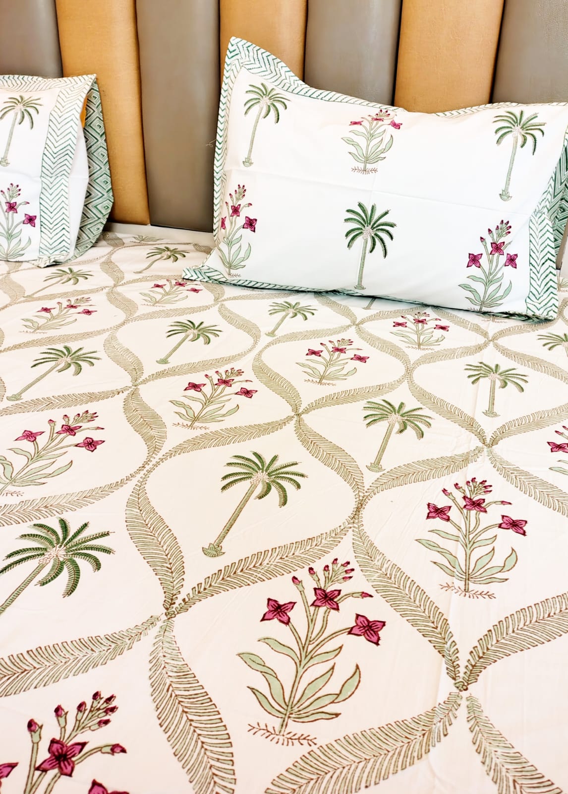 Begum White Coco Block Printed Bedsheet with Two Reversible Pillow Covers