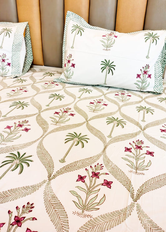 Begum White Coco Block Printed Bedsheet with Two Reversible Pillow Covers