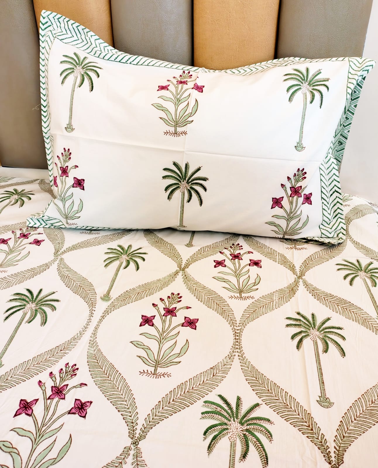 Begum White Coco Block Printed Bedsheet with Two Reversible Pillow Covers