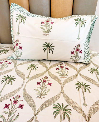 Begum White Coco Block Printed Bedsheet with Two Reversible Pillow Covers