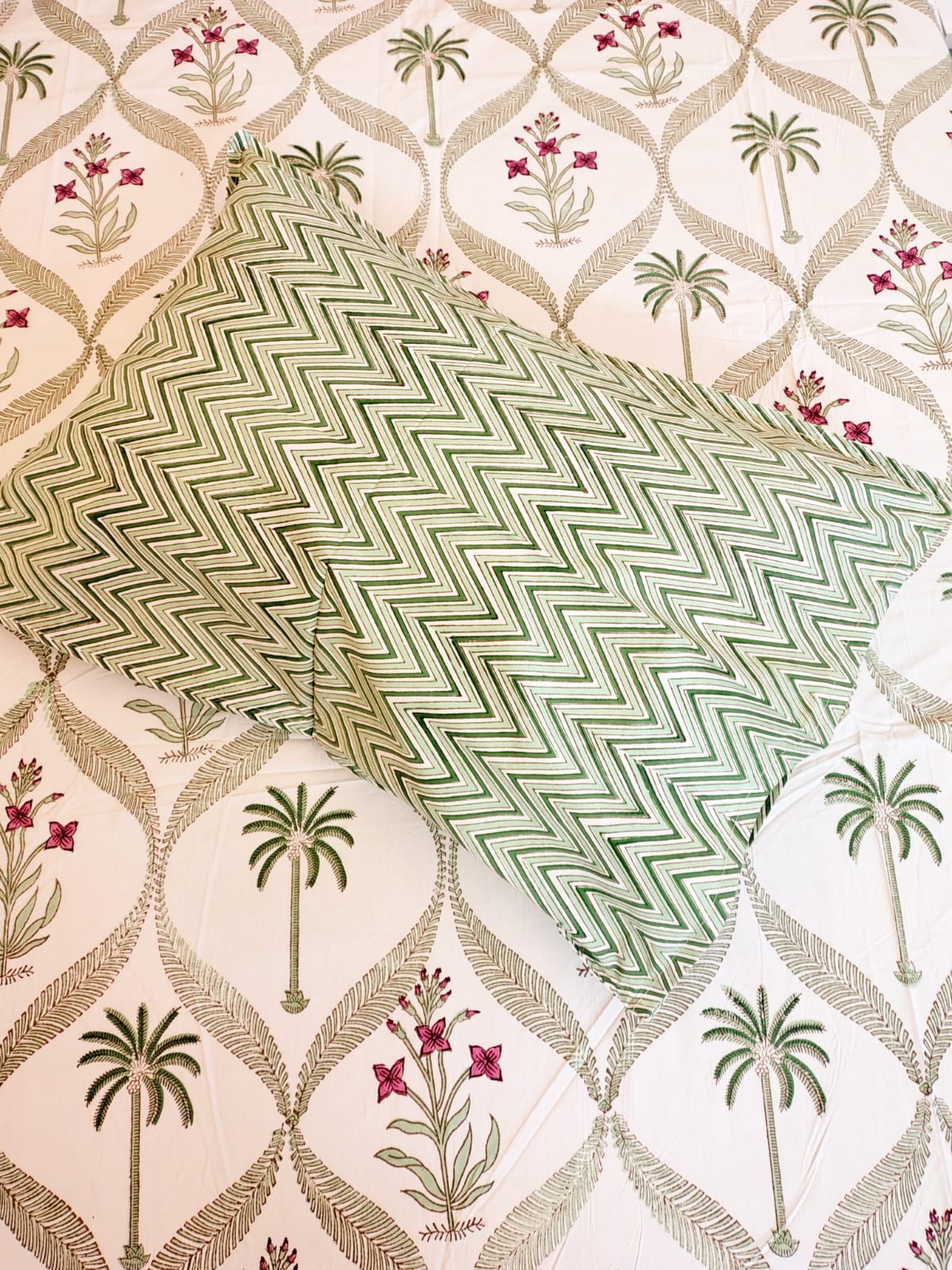 Begum White Coco Block Printed Bedsheet with Two Reversible Pillow Covers