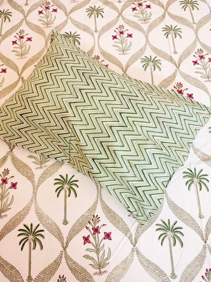 Begum White Coco Block Printed Bedsheet with Two Reversible Pillow Covers