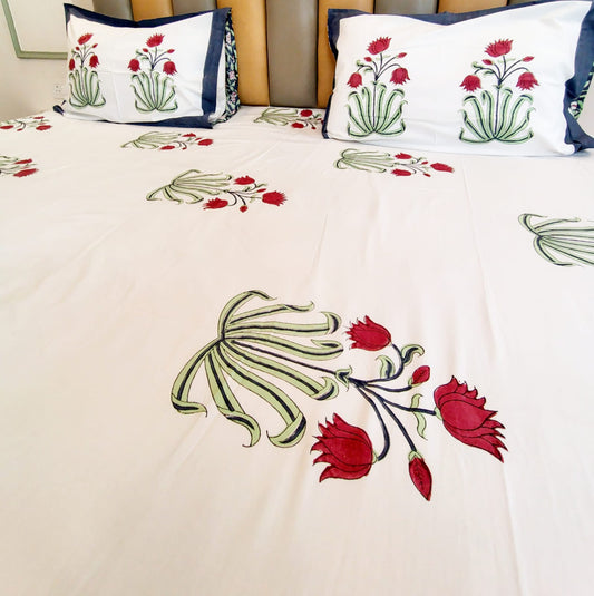 Begum Lotus Bunch Block Printed Bedsheet with Two Reversible Pillow Covers
