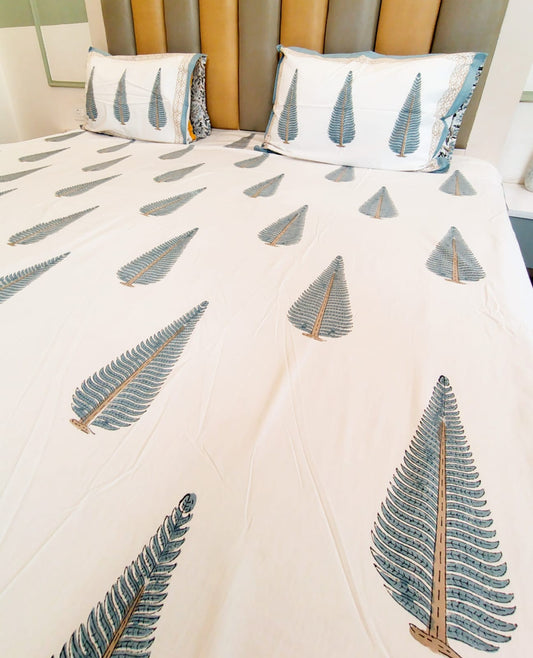 Begum Grey Pine Block Printed Bedsheet with Two Reversible Pillow Covers