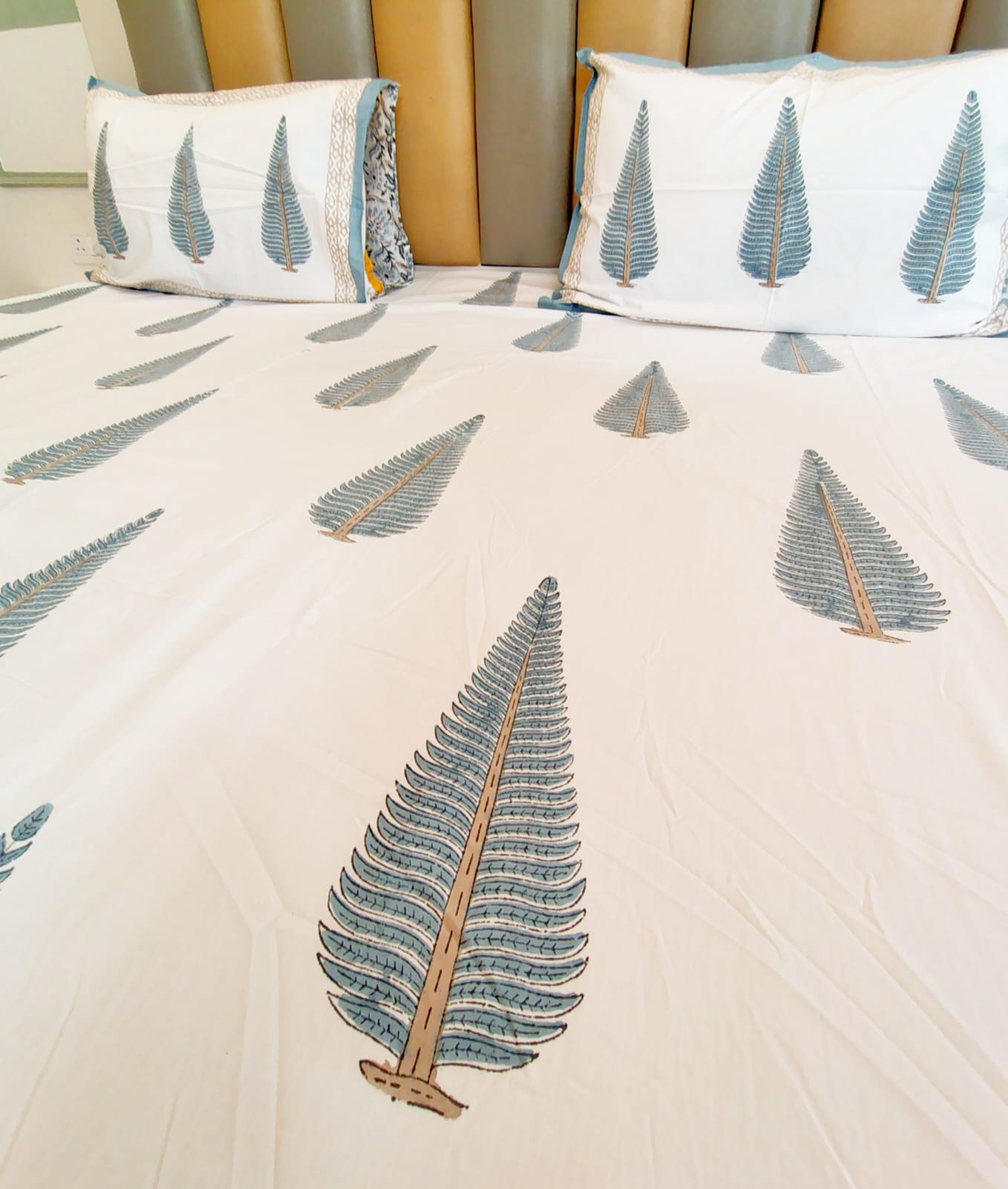Begum Grey Pine Block Printed Bedsheet with Two Reversible Pillow Covers