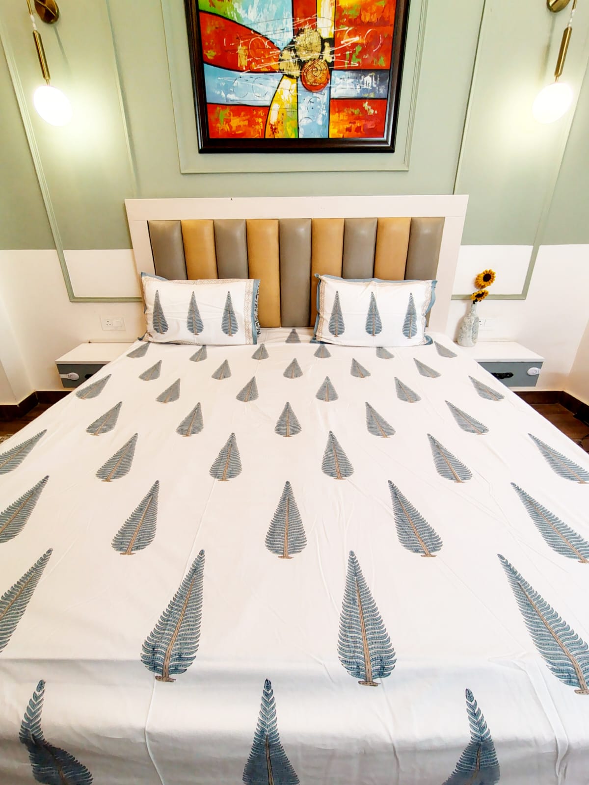 Begum Grey Pine Block Printed Bedsheet with Two Reversible Pillow Covers