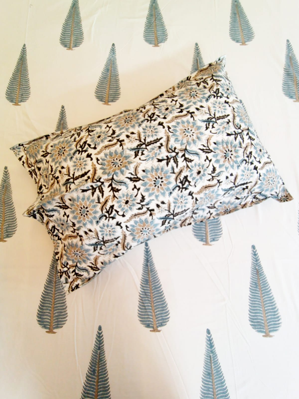 Begum Grey Pine Block Printed Bedsheet with Two Reversible Pillow Covers