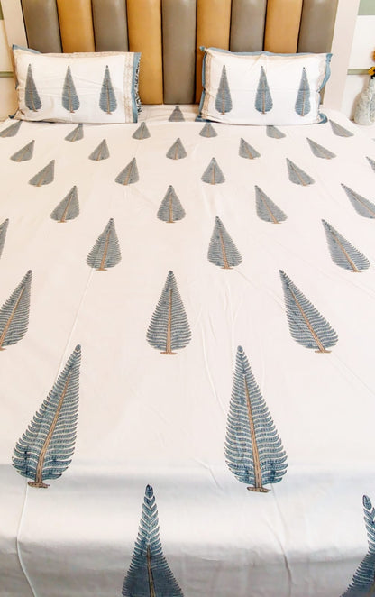Begum Grey Pine Block Printed Bedsheet with Two Reversible Pillow Covers
