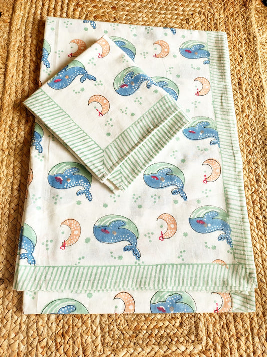 Whale Print Kids Hand Block Bedsheet