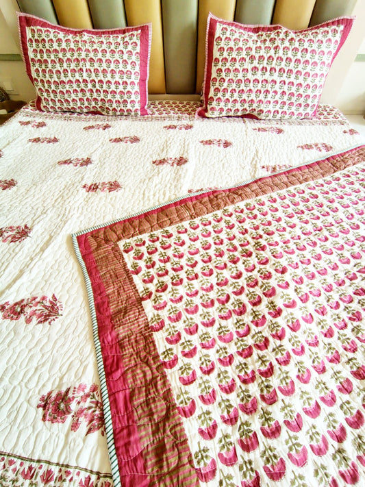 Red Floral Jaal Quilted Bedcover Set
