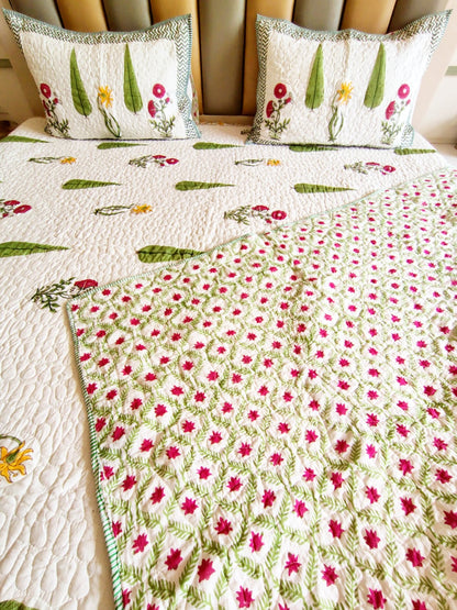 White Forest Block Print Bedsheet and Bedcover Combo - 6 Piece Combo