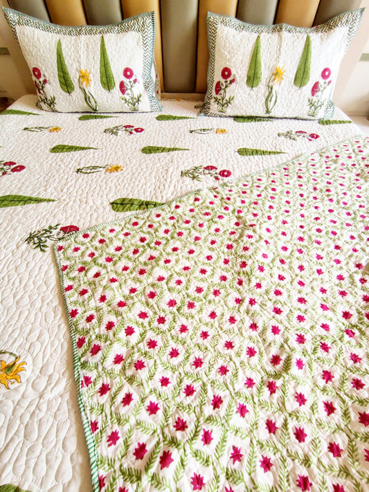 White Forest Block Print Bedsheet and Bedcover Combo - 6 Piece Combo