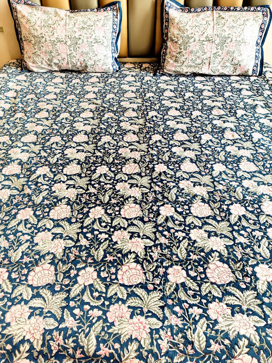 Pinky Pom Block Printed Bedsheet with Two Reversible Pillow Covers