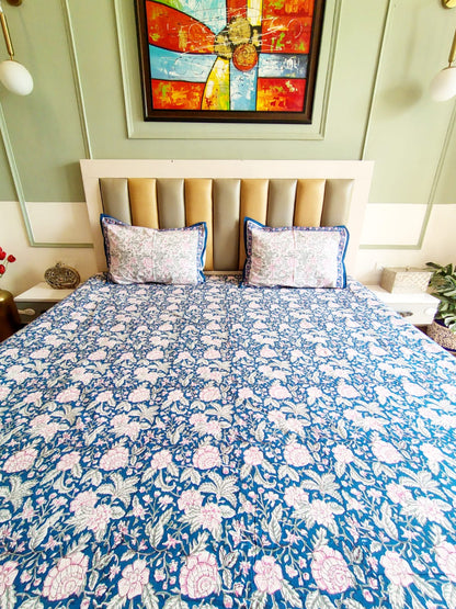 Pinky Pom Block Printed Bedsheet with Two Reversible Pillow Covers